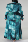 Королевское синее повседневное платье-рубашка с принтом в стиле пэчворк и пряжкой, оборками, отложным воротником, платья больших размеров (с поясом)