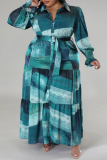 Fuchsia Casual Print Patchwork Spänne Volang Turndown-krage Skjortaklänning Plus Size-klänningar (med bälte)