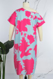 Blauw roze elegante eenvoud print asymmetrische schuine kraag asymmetrische jurken