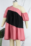 ピンク カジュアル デイリー シンプルさ コントラスト 非対称襟 非対称ドレス