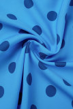 Синее сексуальное вечернее винтажное платье в горошек с поясом и вырезом лодочкой с принтом