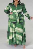 Verde casual estampa patchwork fivela babado gola redonda camisa vestido vestidos tamanho grande (com cinto)