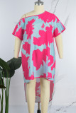 ブルー ピンク エレガント シンプル プリント 非対称 斜め襟 非対称ドレス