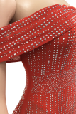 Rote Sexy Hot Drilling Patchwork Off the Shoulder Unregelmäßige Kleider