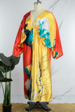 Желтое плюс размерное отпускное платье со смешанной печатью с v-образным вырезом и принтом