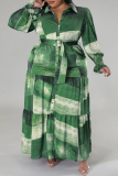 Vert décontracté imprimé patchwork boucle volants col rabattu robe chemise grande taille robes (avec ceinture)