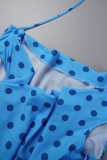 Azul Sexy Festa Vintage Dobrado com Cinto Estampado Decote Barco Vestidos Vestidos Estampados