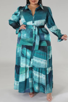 Vestido camisero de cuello vuelto con volantes y hebilla de retazos con estampado informal azul pavo real vestidos de talla grande (con cinturón)