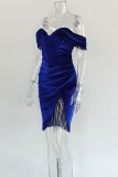 Koningsblauw sexy effen patchwork hoge opening vouw rits off-shoulder onregelmatige jurk jurken