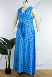 Blaue sexy Party-Vintage-Punktfalte mit Gürteldruck, bedrucktes Kleid mit U-Boot-Ausschnitt