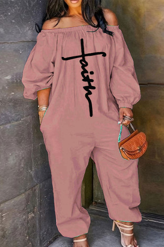 Pink Casual Print Patchwork Off the Shoulder Loose Jumpsuits