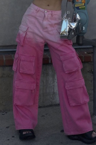 Bolso patchwork de mudança gradual Pink Street cintura baixa perna larga perna larga cor sólida