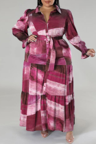 Fuchsia Casual Print Patchwork Buckle Flounce Turndown Collar Shirt Dress Robes de grande taille (avec ceinture)