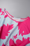Vestidos asimétricos de cuello oblicuo asimétrico con estampado de simplicidad elegante azul rosa