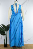 Blaue sexy Party-Vintage-Punktfalte mit Gürteldruck, bedrucktes Kleid mit U-Boot-Ausschnitt