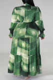 Vert décontracté imprimé patchwork boucle volants col rabattu robe chemise grande taille robes (avec ceinture)