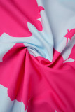 Blauw roze elegante eenvoud print asymmetrische schuine kraag asymmetrische jurken