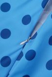 Blauwe Sexy Party Vintage Dot Fold met riemprint Boothals bedrukte jurkjurken