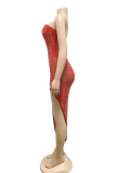 Красное сексуальное горячее бурение в стиле пэчворк с открытыми плечами Нерегулярное платье Платья