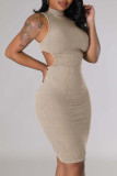 Brown Casual Solid Hollowed Out Turtleneck Sleeveless Dress Dresses
