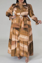 Имбирное повседневное платье-рубашка с отложным воротником и пряжкой с принтом в стиле пэчворк Платья больших размеров (с поясом)