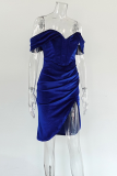 Koningsblauw sexy effen patchwork hoge opening vouw rits off-shoulder onregelmatige jurk jurken