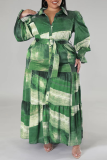 Vestido camisero con cuello vuelto con volantes y hebilla de retazos con estampado informal verde, vestidos de talla grande (con cinturón)