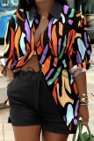 Black Casual Print Patchwork Turndown Collar Long Sleeve Two Pieces Blouse Tops And Shorts Sets