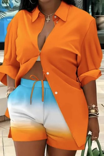 Orange Casual Print Patchwork Turndown Collar Long Sleeve Two Pieces Blouse Tops And Shorts Sets