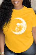 T-shirts décontractés à col rond et patchwork de tête de mort jaunes