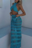 Blue Sexy Solid Hollowed Out Backless Slit Halter Sleeveless Two Pieces