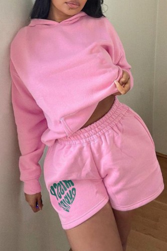 Pink Casual Print Basic Hooded Collar Long Sleeve Two Pieces