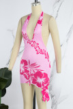 Розовое сексуальное платье без рукавов с открытой спиной и принтом
