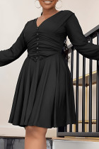 Черные повседневные однотонные платья с V-образным вырезом и длинным рукавом