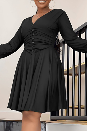 Black Casual Solid Fold V Neck Long Sleeve Dresses