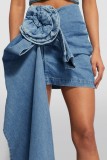 Blue Casual Solid Patchwork Asymmetrical High Waist 3D Three-Dimensional Rose Skinny Denim Skirts