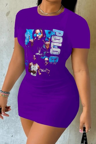Purple Casual Print Basic O Neck Short Sleeve Dress