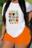 Oranje casual print basic T-shirts met ronde hals