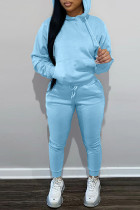 スカイブルーファッションカジュアルソリッドベーシックフード付きカラー長袖ツーピース