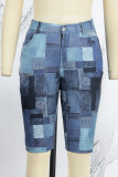 Blaue, lässig bedruckte Basic-Shorts mit schmaler, hoher Taille und konventionellem Volldruck