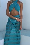 Blue Sexy Solid Hollowed Out Backless Slit Halter Sleeveless Two Pieces