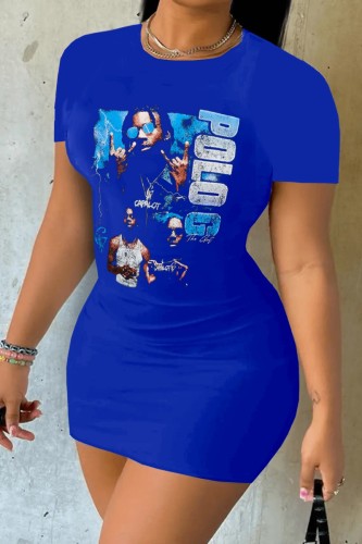 Blue Casual Print Basic O Neck Short Sleeve Dress