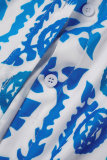 Blå Casual Print Patchwork Skjorta Krage Långärmad Två delar