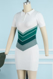 Green Casual Patchwork Contrast Turndown Collar Short Sleeve Dress