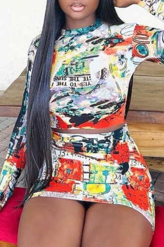 Colour Casual Print Basic O Neck Long Sleeve Two Pieces (Subject To The Actual Object)