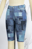 Pantaloncini stampati convenzionali blu a vita alta basic skinny con stampa casual