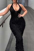 Черные сексуальные однотонные бинты с кисточками в стиле пэчворк с открытой спиной и лямкой на шее, завернутые платья-юбки