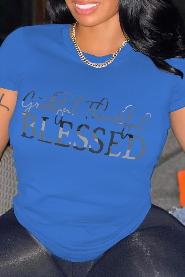 T-shirt con collo a lettera O con stampa vintage casual blu reale