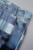 Blauw Casual Print Basic Skinny High Waist Conventionele Full Print Shorts
