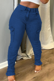 Jeans skinny azul claro casual patchwork sólido cintura média